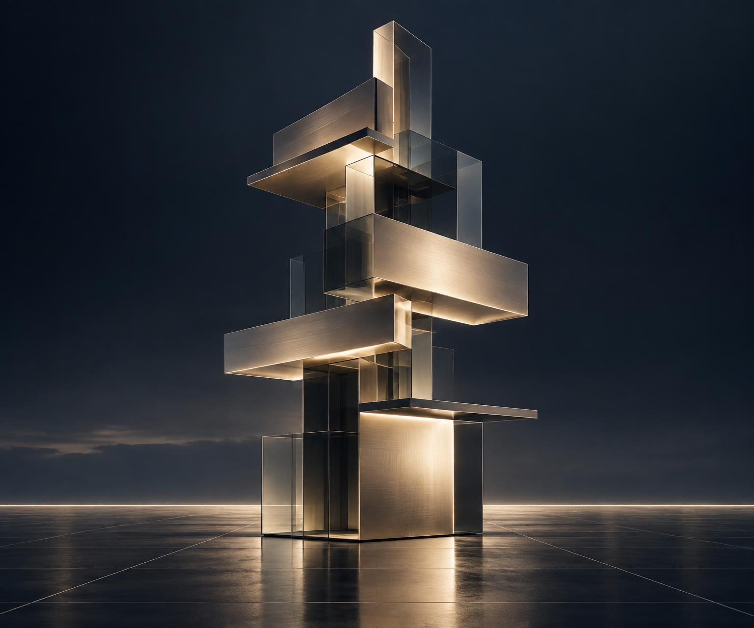 Aufsteigende architektonische Struktur aus Glas und champagnerfarbenem Metall